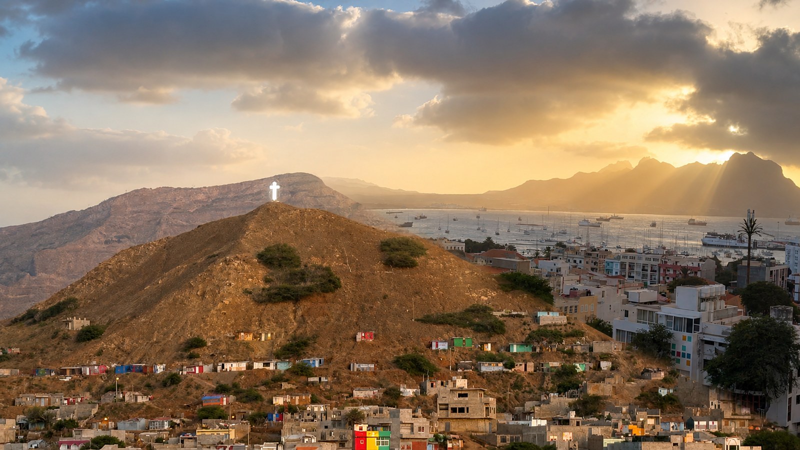 A blended view of Mindelo, São Vicente, showing hillside communities and the coastal city at golden hour