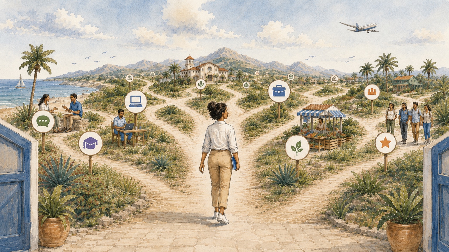 Illustration of an adult learner walking from an opportunity hub toward multiple learning, career, study, digital skills, entrepreneurship, and current opportunity paths